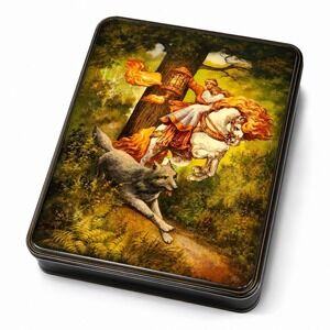 Vintage Fedoskino Russian Lacquer Box Ivan Tsarevich Firebird Gray Wolf Large 9"